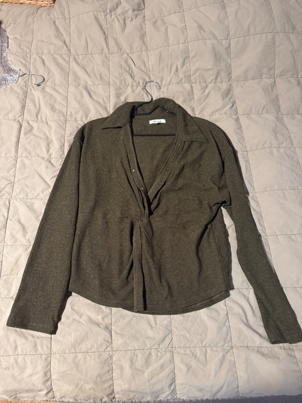 Madewell Olive Knit Collared Tie-Front Top